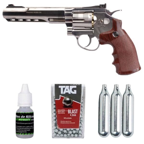 Kit Revolver de Airgun CO2 W702s 6'' 4,5mm + Esferas + Co2 + Silicone