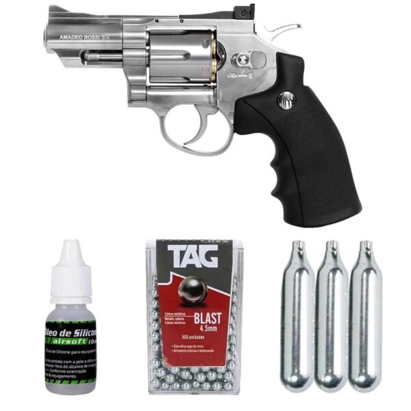Kit Revolver de Airgun 708s 2'' Co2 4,5mm + Esferas + CO2 + Silicone