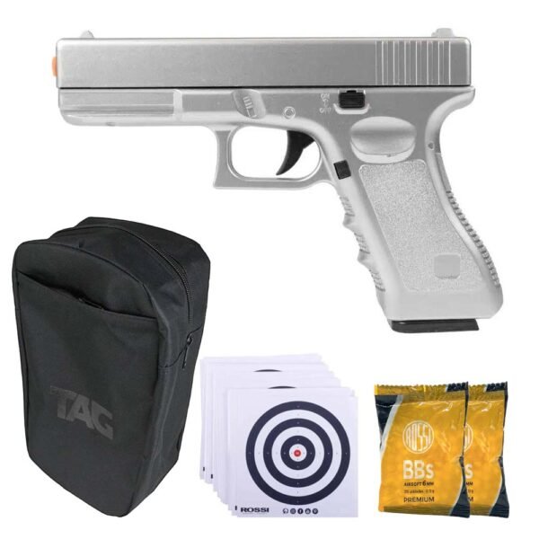MegaKit Pistola Airsoft Spring (mola) Glock V20 Silver + Case + BBs + Alvos