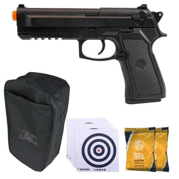 MegaKit Pistola Airsoft PT92 V21 Spring (mola) + Case + Esferas + Alvos