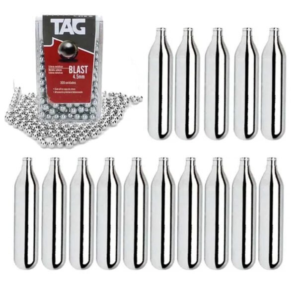 Kit 300 esferas de metal aço 4,5mm + 15 cilindros CO2 12g